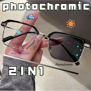 Óculos De Sol Fotocrômicos Anti-Radiação Coreanos De Metal Quadrado Homens Mulheres Moda Azul Luz Sombra De Vidro E Mudança De Cor Resistência UV