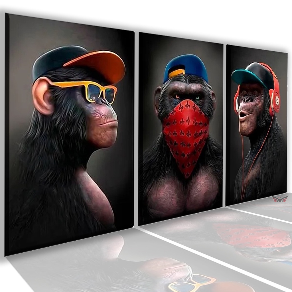 Quadros Decorativos 3 Peça Macaco Sábio Frete Grátis