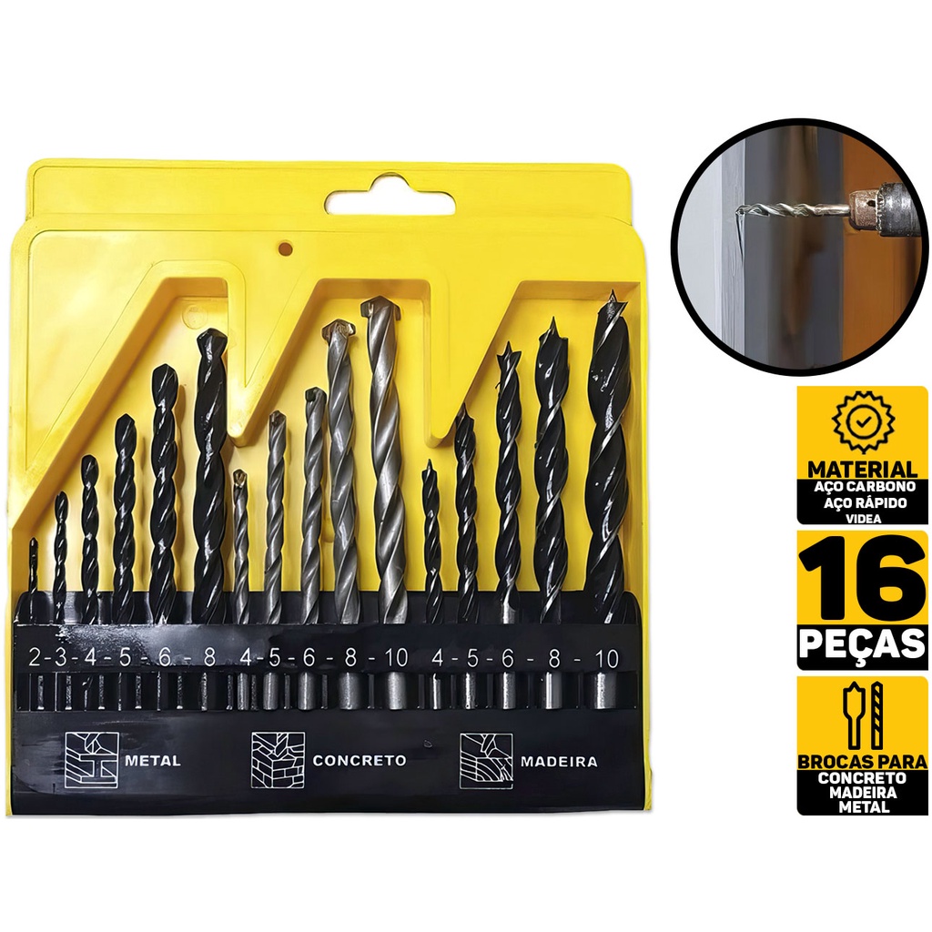 Jogo De Brocas P/ Concreto Madeira Metal Fertak 16 Peças 1202