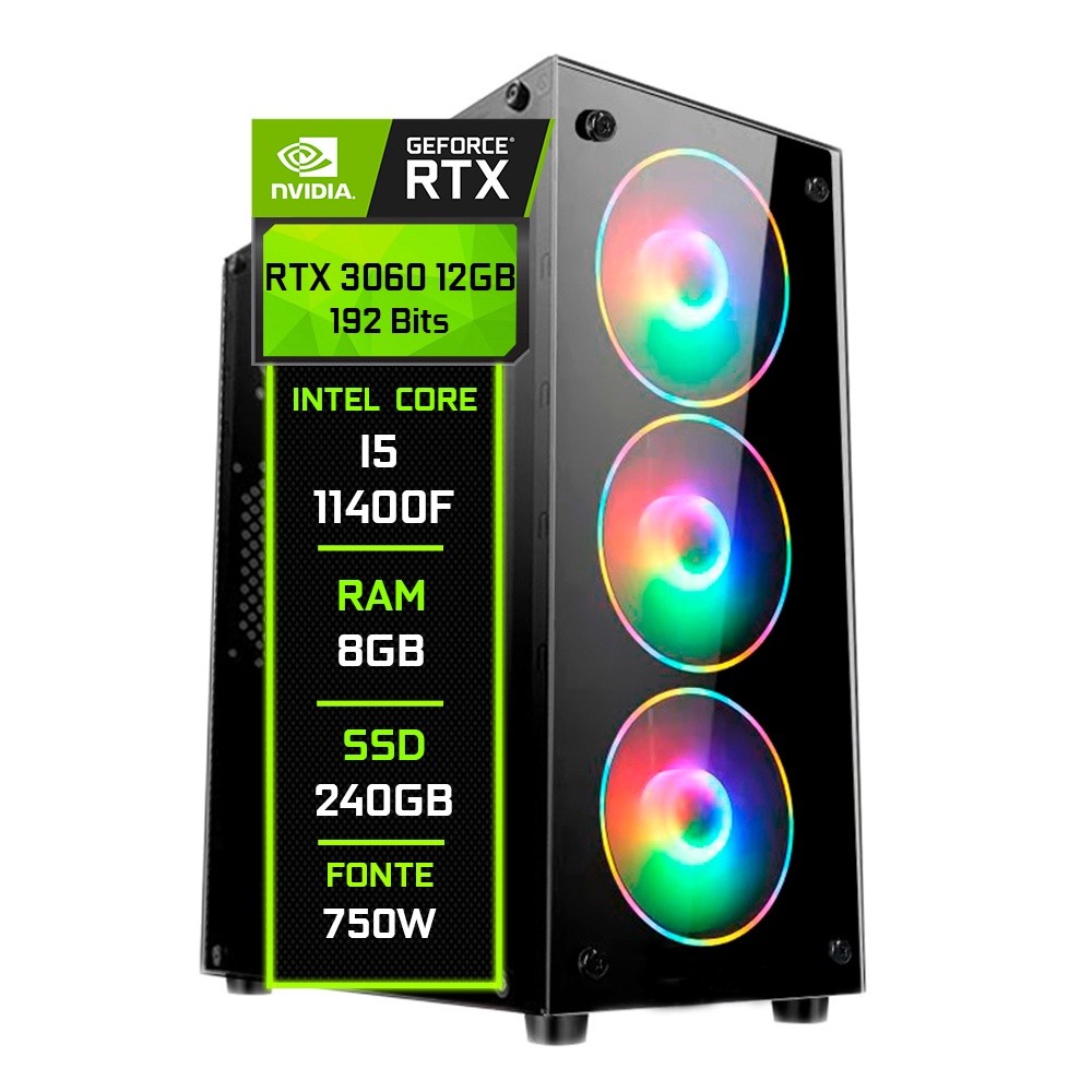 PC Gamer Fácil Intel Core I5 11400F (11ª GERAÇÃO ) 8GB DDR4 RTX 3060 12GB SSD 240GB - Fonte 750w