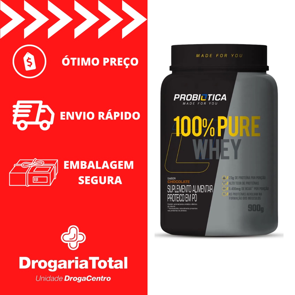 Whey 100% Pure Whey Probiótica Pote 900g Sabor Chocolate Suplemento Alimentar