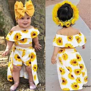 DAS-3PCS Roupa De Bebê Toddler Baby Girl Outfit Oferta De Ombro Ruffle Halter Straps Crop Tops Girassol + Saia Floral Calças Curtas + Fita De Cabeça