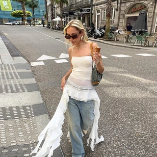 Chic Ruffles Womem Camisole Esparguete Cintas Irregulares Maxi Tassel Sem Manga Roupa De Verão Y2K Fashion Wild Plain Vest