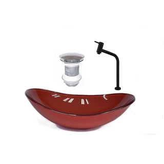 CUBA DE VIDRO OVAL 55CM VERMELHO CEREJA VALVULA TORNEIRA PRETA