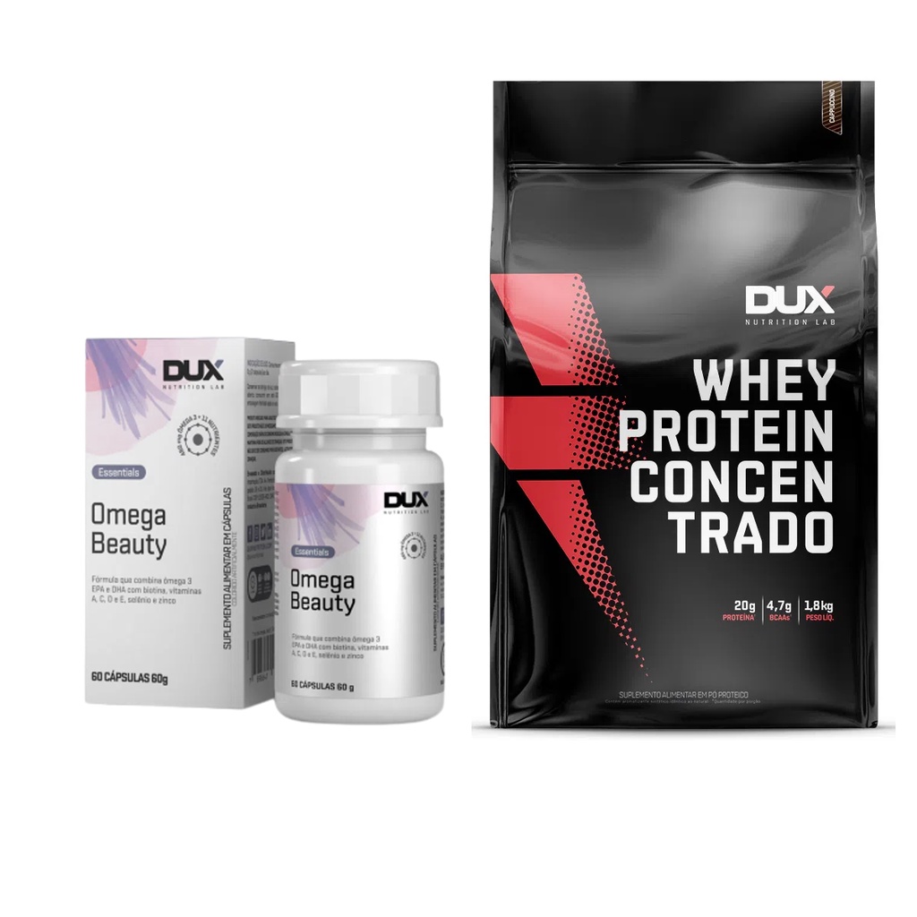 Kit com 1 Whey Protein Concentrado Refil em Saco Sabor Cookies de 1.8Kg + 1 Ômega Beauty com 60 Cápsulas – Dux Nutrition