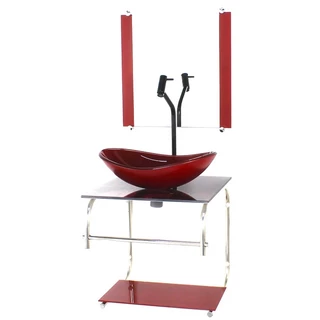 GABINETE DE VIDRO CUBA OVAL 40CM INOX MARMORE AVERMELHADO COM TORNEIRA PRETA