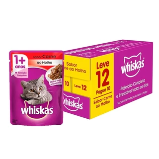 Caixa 12un Ração Úmida Whiskas Sachê Gatos Adultos Carne Ao Molho 85g