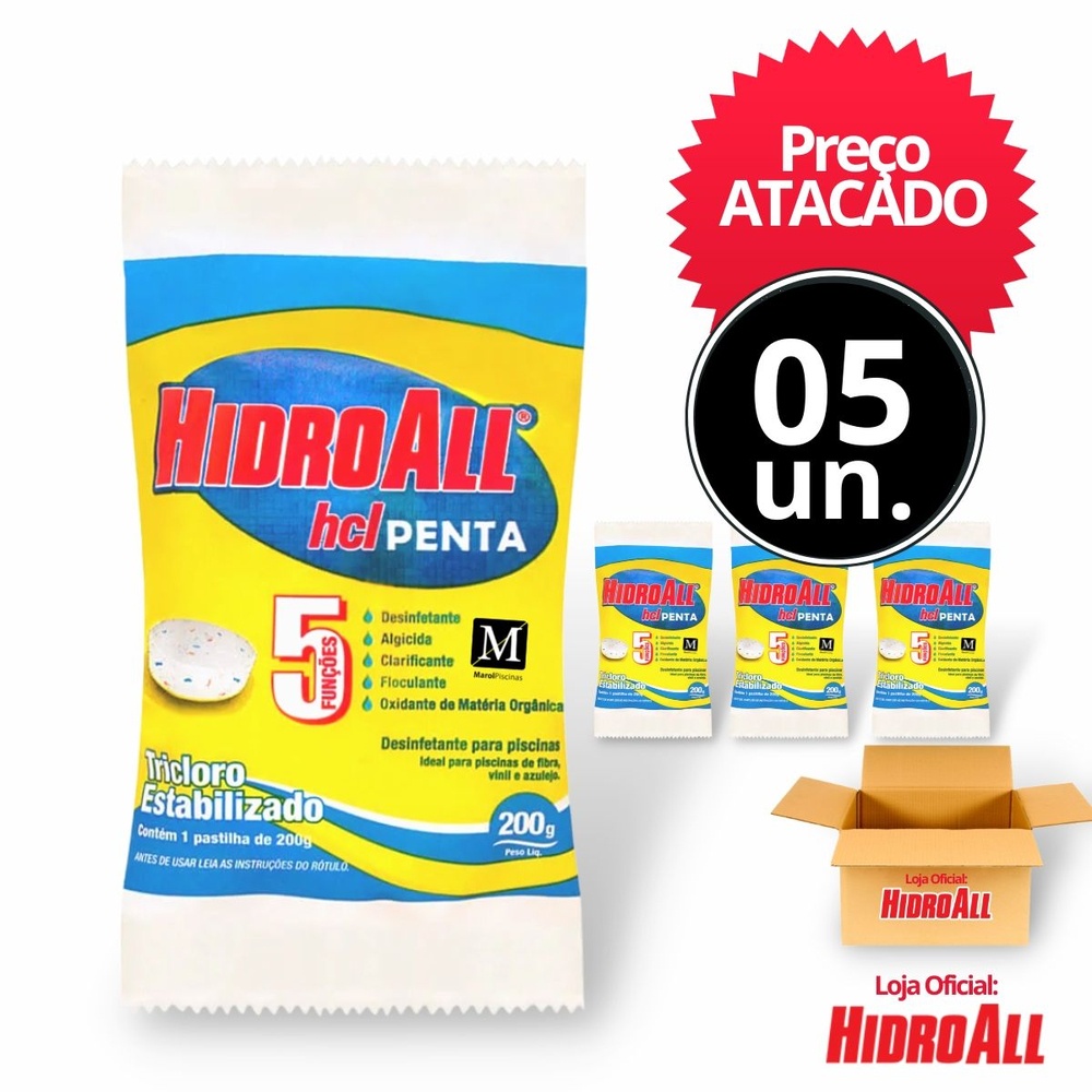 kit 05 unid cloro Pastilha para piscina Hidroall Penta 200g