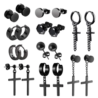 10 Pares Populares Múltiplos Tipos De Brincos Pretos Conjunto Unisexo De Aço Inoxidável Punk Cross Para Mulheres De Arco Masculino