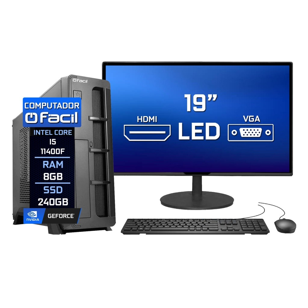 Computador Fácil Slim Completo i5 11400F 8GB GEFORCE SSD 240GB Monitor 19" HDMI LED Teclado e Mouse