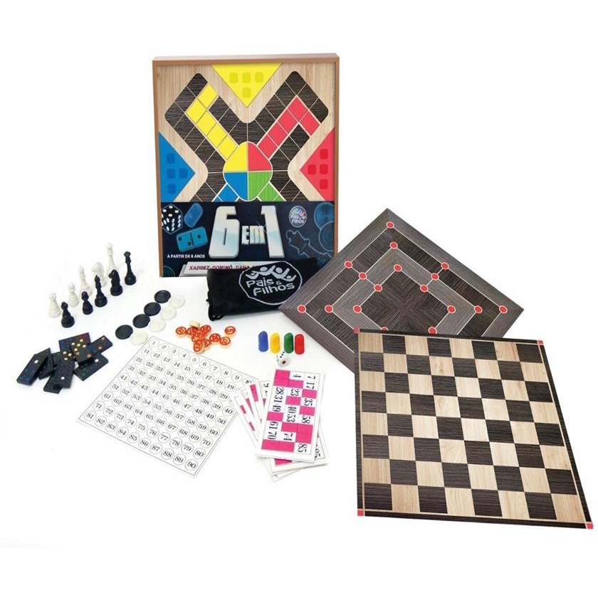 Jogos 6 Em 1 Xadrez-dominó-dama-ludo-bingo-trilha Tabuleiro