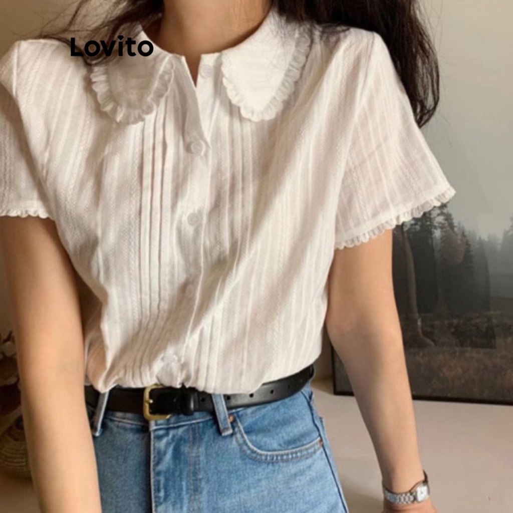 Lovito Blusa Casual Lisa com Babados Plissados para Mulheres LNA03093 (Branco)