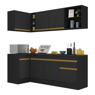 Cozinha Compacta de Canto com Rodapé Veneza Multimóveis MP2093 com Armário e Balcão Preta