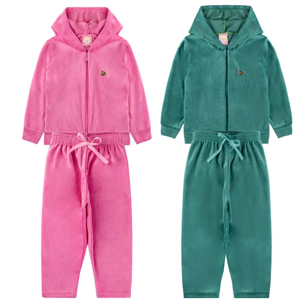 Kit 2 Conjuntos Infantil Feminino Blusa e Calça Plush, capuz ziper ...