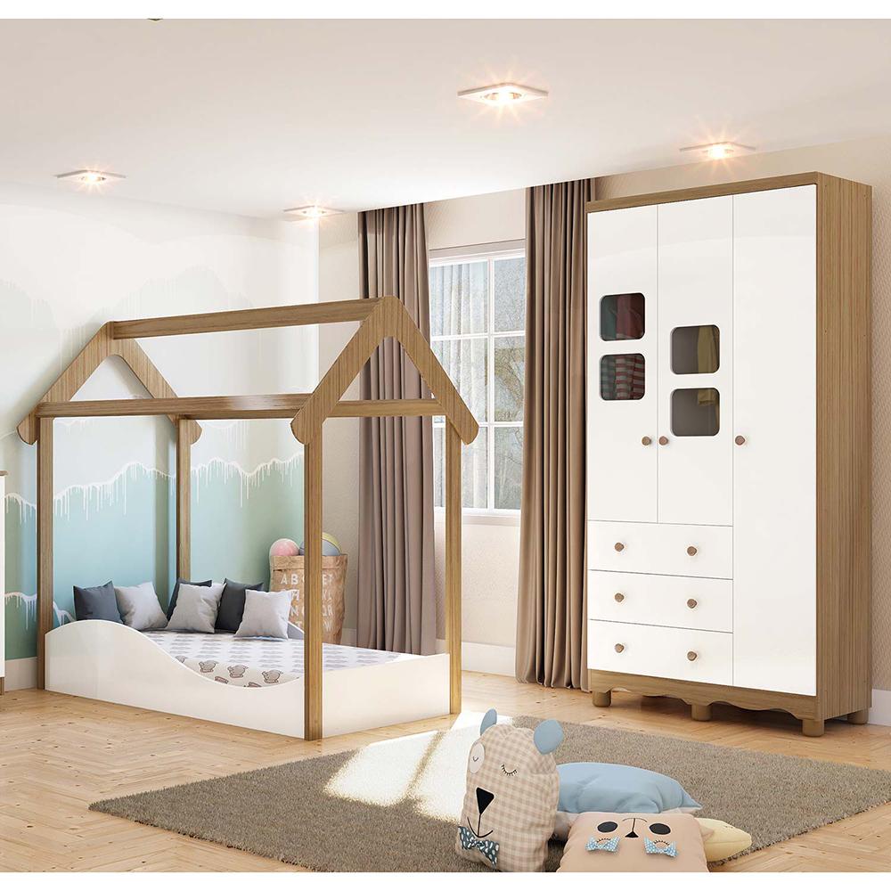 Quarto Infantil Montessoriano com Guarda Roupas 3 portas e Mini Cama Casinha Peroba Branco/Carvalho