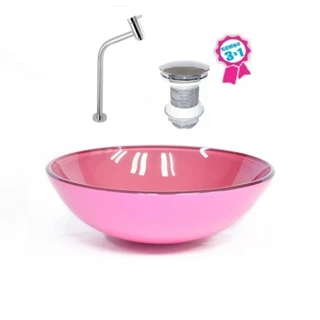 CUBA DE VIDRO REDONDA 31CM ROSA + VÁLVULA CLICK + TORNEIRA DE METAL