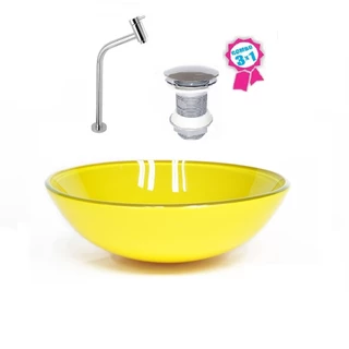 CUBA DE VIDRO REDONDA 31CM AMARELA + VÁLVULA CLICK + TORNEIRA DE METAL