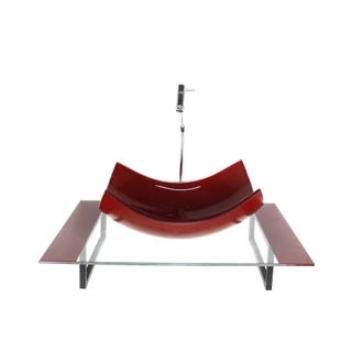 KIT CUBA DE VIDRO RETANGULAR CURVADA COM TAMPO 60CM VERMELHO CEREJA E SUPORTE PRETO
