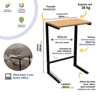 Mesa de Apoio Lateral Para Sofá e Cama Mesinha Notebook Estudos Home Office Industrial PROMOÇÃO