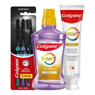 Kit Colgate Creme Dental Total 12 180g + Enxaguante Zero Álcool 500ml + Escova Dental Slim Soft 3un em Oferta na Shopee