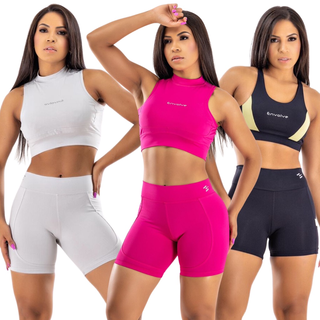 Kit 3 Conjunto dry fit feminino com bojo poliamida acadêmia | Shopee Brasil