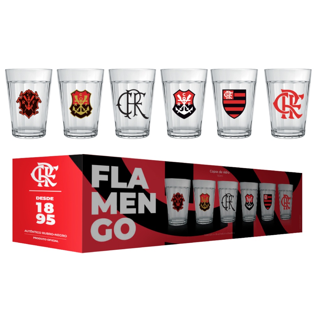 Kit Jogo Conjunto 6 Copos de Vidro Americano Flamengo Licenciado 190ml + Luva para Presente