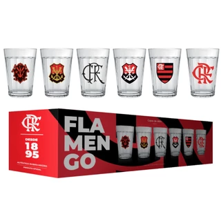 Kit Jogo Conjunto 6 Copos de Vidro Americano Flamengo Licenciado 190ml + Luva para Presente