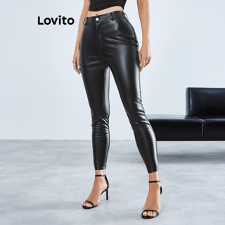 Lovito Elegante Calças de Pu com Estrutura de Linhas e Pele Falsa para Mulheres LBE01069 (Preto)