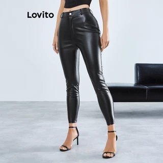 Lovito Elegante Calças de Pu com Estrutura de Linhas e Pele Falsa para Mulheres LBE01069 (Preto)