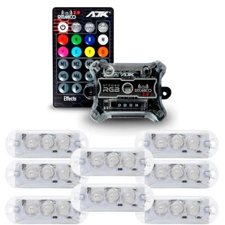 Kit Strobo Automotivo AJK RGB Rítimico IR Control 8 Faróis 9W RGB
