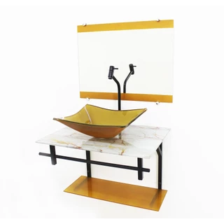 GABINETE DE VIDRO 60CM AP COM CUBA RETANGULAR MÁRMORE BRANCO DOURADO