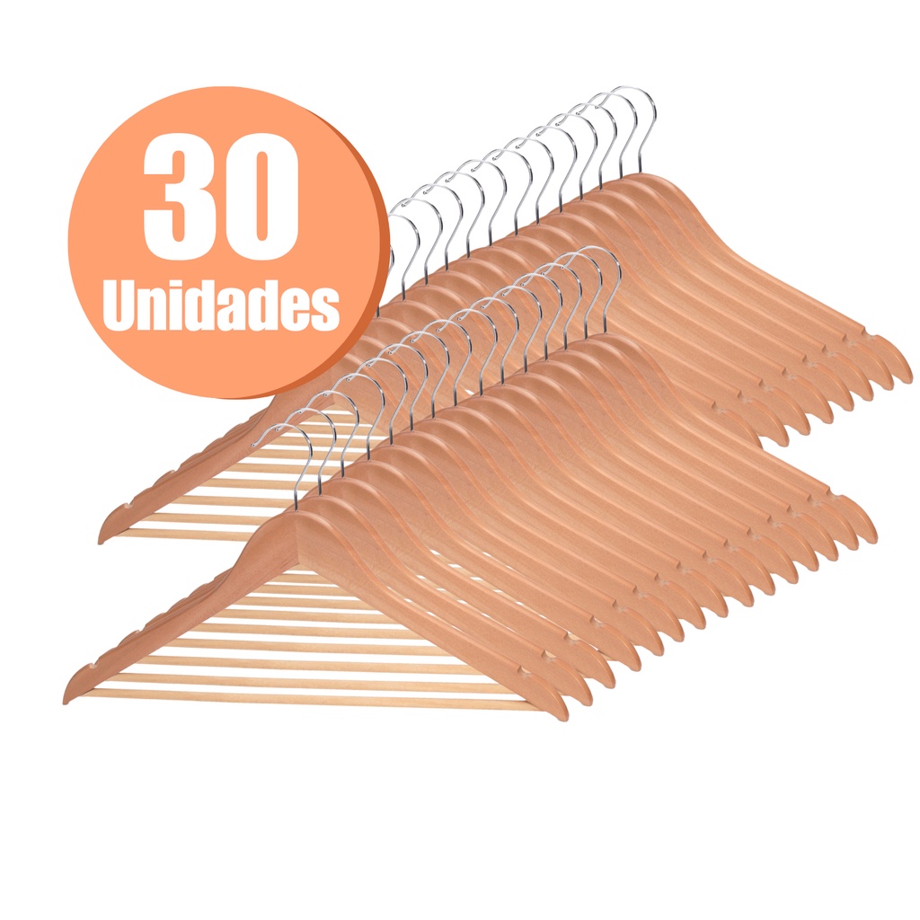 Kit 30 Cabide De Madeira Marfim Para Roupas Calça Gancho Cromado