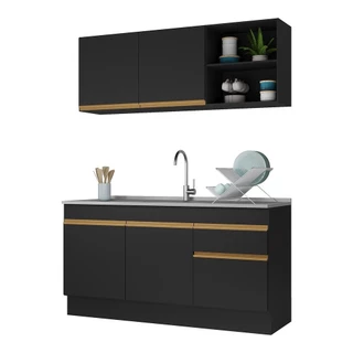 Cozinha Compacta com Rodapé Veneza Multimóveis MP2114 com Armário e Balcão Preta