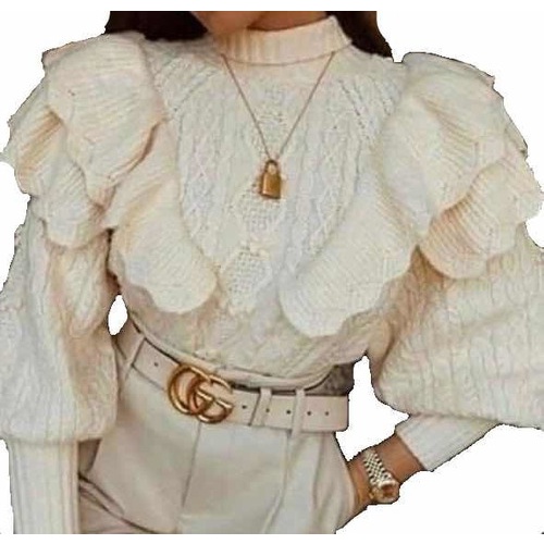 Blusa Feminina Tricot Tricô Manga Longa Babado Sueter Gola