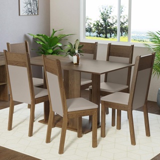 Conjunto Sala de Jantar Mesa Tampo de Madeira 6 Cadeiras Rustic/Crema/Bege Beatriz Madesa