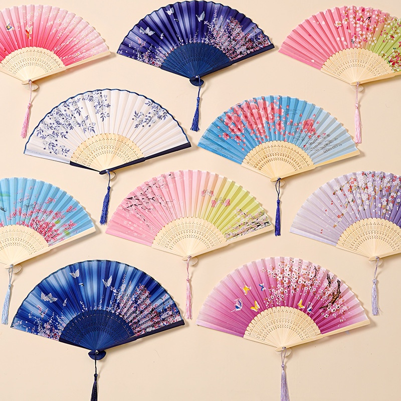 Ventilador Floral Dobrável À Mão Vintage Estilo Seda Bambu De Flores