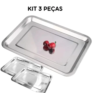 3 Bandejas Inox Rasa Retangular 30 X 40 Servir - Kit 3 Peças
