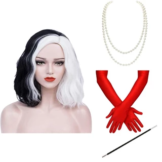 Cruella deville de vile peruca de cabelo curto preto branco cacheado ondulado resistente ao calor cosplay halloween luvas adereços CWJG