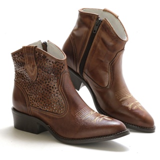 Bota Country Feminina Couro Bordado Dia a Dia Confortável