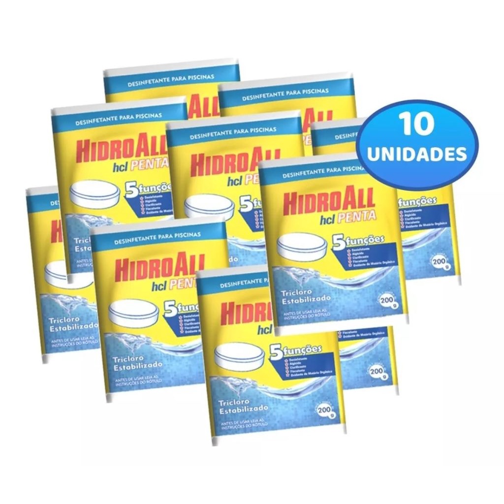 KIT 10 Cloro pastilha 5 em 1 HCLpenta 200gr Hidroall