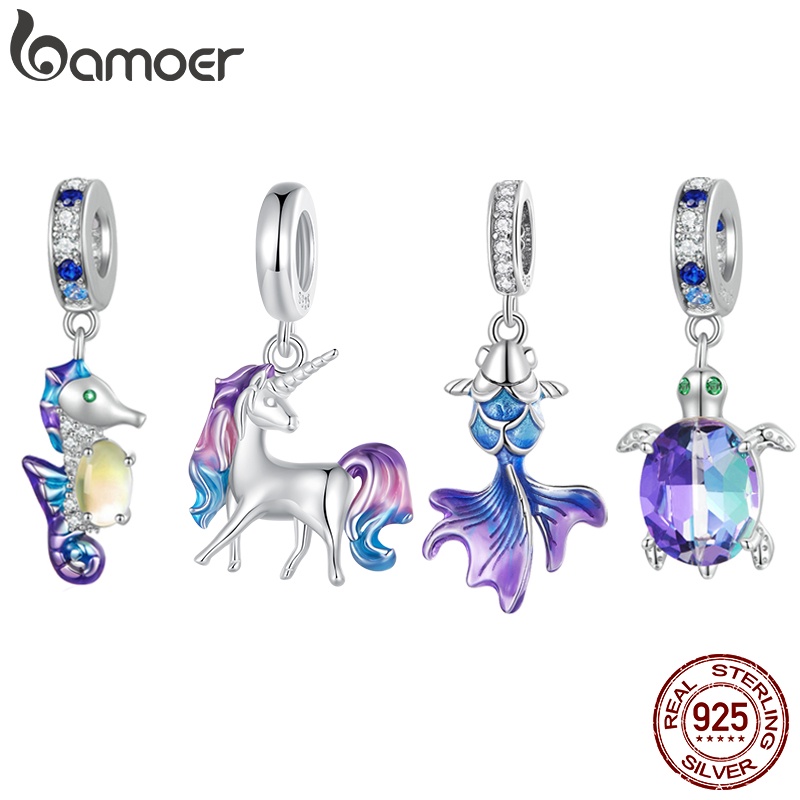 BAMOER 925 Prata Esterlina Colorida Série Animal Beaded Tartaruga Cavalo Marinho Unicórnio Ornamentos Adequados Para Mulheres