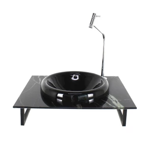 GABINETE DE VIDRO BANHEIRO 50CM COM BANCADA MARMORIZADA MARMORE PRETO MAIS TORNEIRA CROMADA
