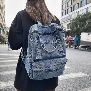 Mochila de ombro duplo para alunas com vento preguiçoso, mochila de lona jeans de grande capacidade, viagem simples, mochila escolar