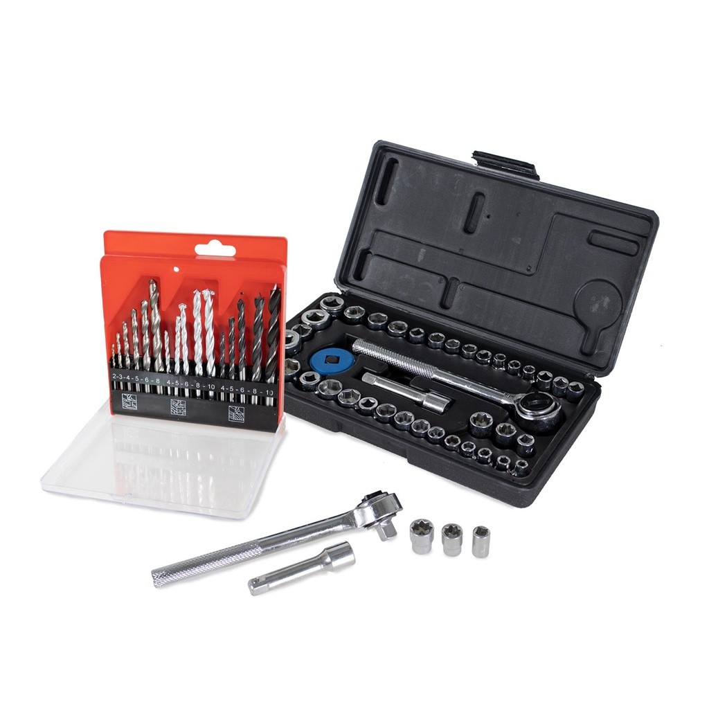 Kit de Chaves Catraca Soquetes 40 peças + Brocas de Madeira e Aço 16 peças Healer