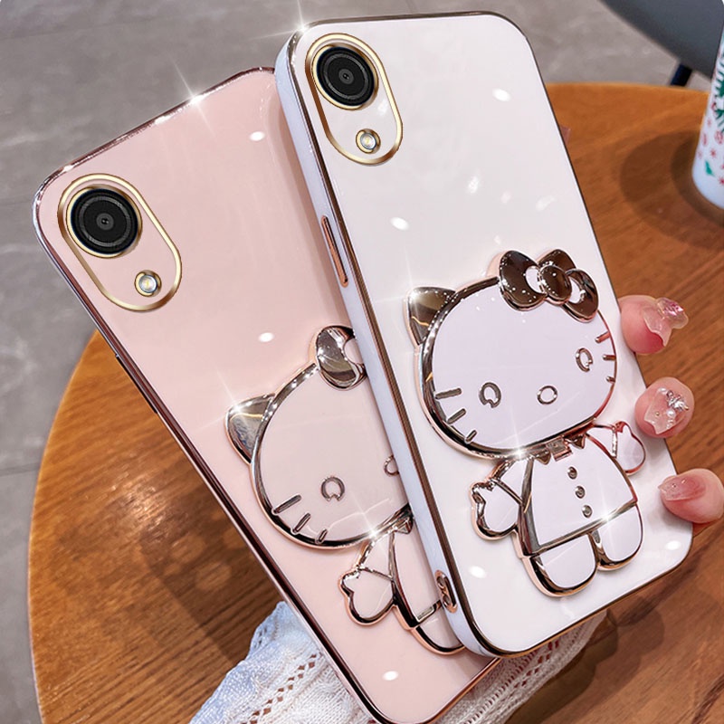 Capa Celular Samsung Galaxy A03 Core A03S A03 Olá kitty Com Suporte De Espelho De Maquiagem Macaron Proteção De Câmera De Luxo