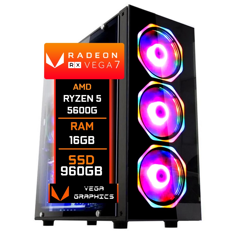 PC Gamer Fácil Amd ryzen 5 5600G Radeon Vega 7 Graphics 16GB DDR4 3000Mhz SSD 960GB - Fonte 500w
