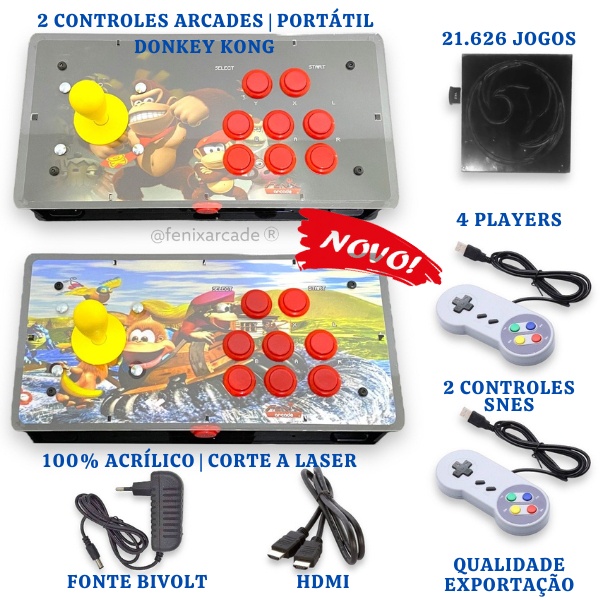 Fliperama Arcade - Kit de 2 Controles Slim Fenix Arcade em Acrílico - Modelo Crash Team Racing - com mais 2 Controles SNES Usb e 8 Botões de Comandos por Controle e 21.626 Jogos Retros Arcade Instalados.