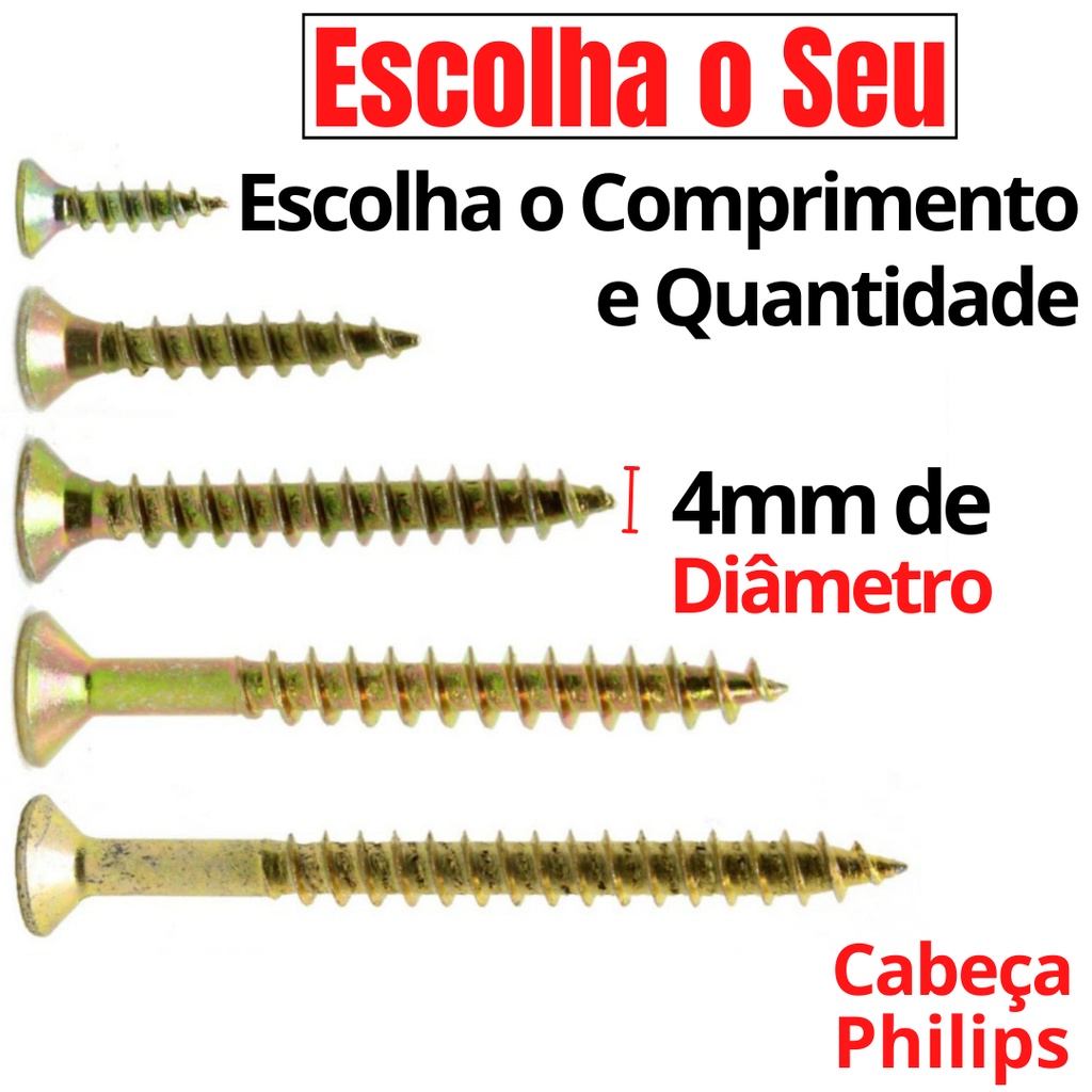 Parafuso 4mm para Madeira MDF CHipboard 4,0x 16 20 25 30 35 40 45 50 60mm 4.0x Kit Parafusos Cabeça Philips 4x Bicromati