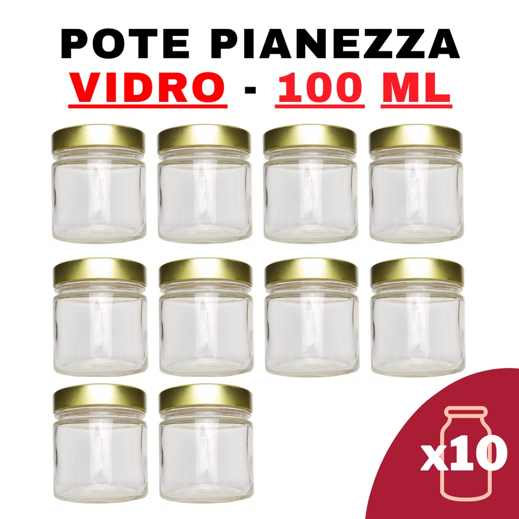 Kit Potes de Vidro Pianezza - Pote de Vidro Alto Pianezza 100ml Dourado - Potes de armazenamento - herméticos - vidro - plástico - alimentos - tampa - organizadores - empilháveis - cozinha - transparentes - multiuso - conservas - mantimentos - temperos -