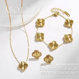 Colar De Aço Inoxidável Trevo Dourado Pulseira Brincos Para Mulheres Não Tarnish Ouro 18K Jóias De Moda Minimalista De Alta Qualidade